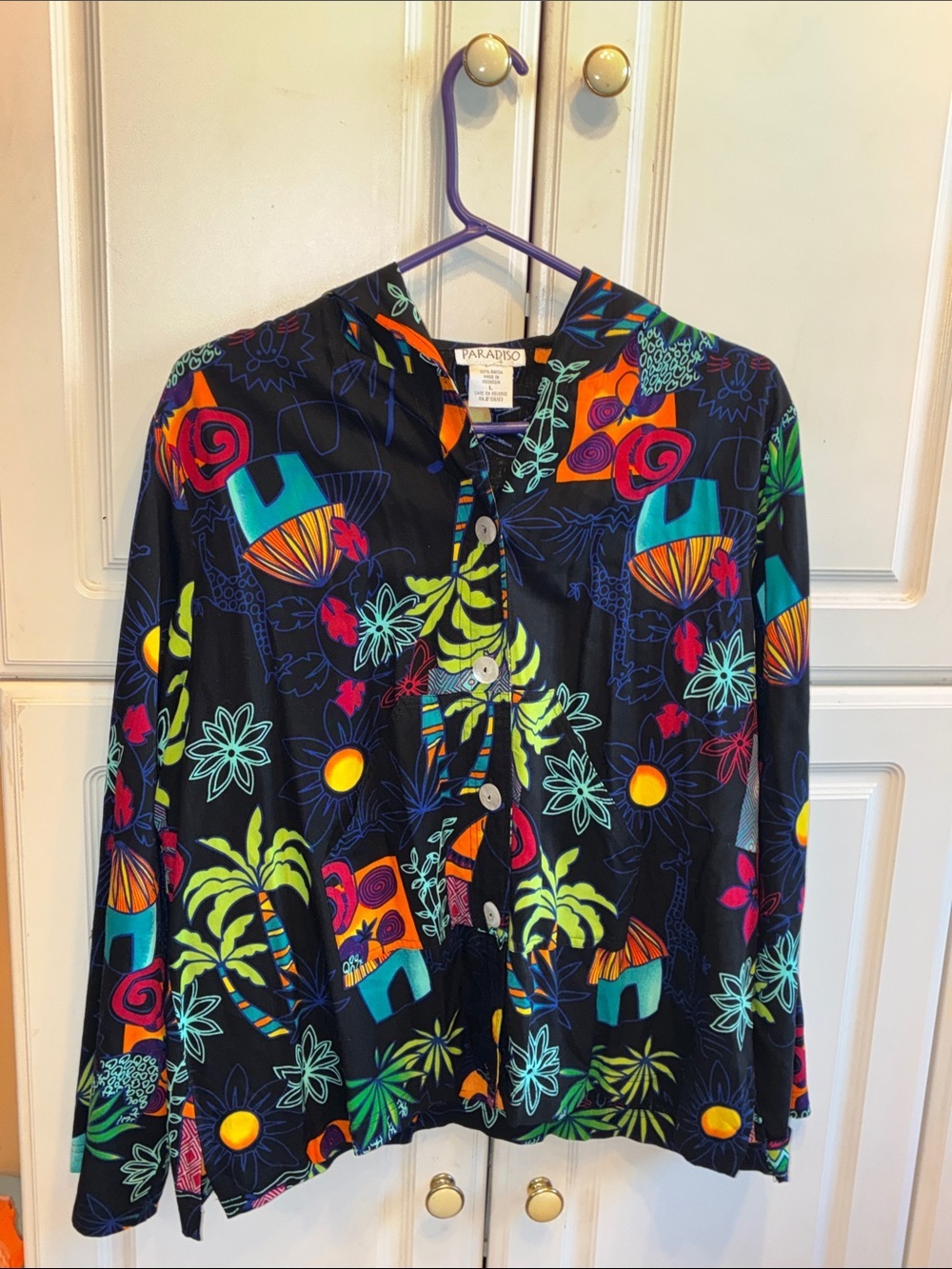 Paradiso Tropical Hoodie Button-Up Shirt - Black with Neon Floral Print, size: L